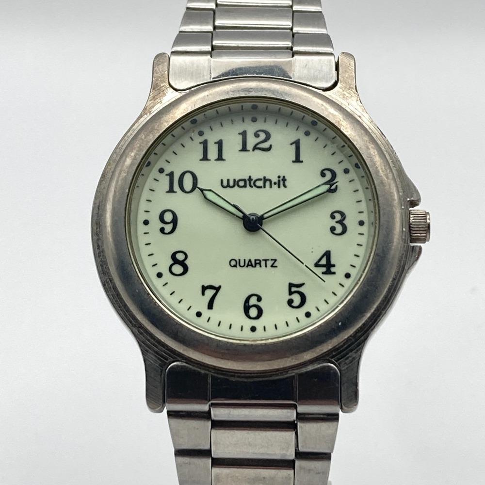 Vintage Watch-It Men's Watch 37mm Luminous Dial Silver Tone New Battery 8.25"